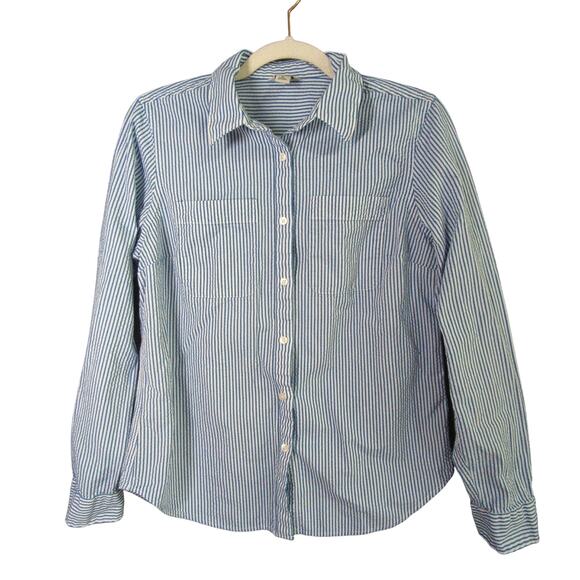 LL Bean Shirt Womens S Blue White Stripe Seersucker Button Up - Picture 1 of 5